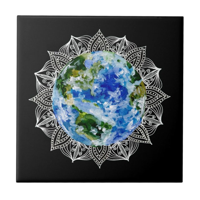Planet Earth Mandala Black Kakelplatta (Framsidan)