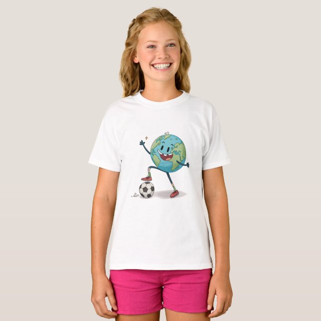 Planet Earth playing soccer T Shirt (Hel framsida)