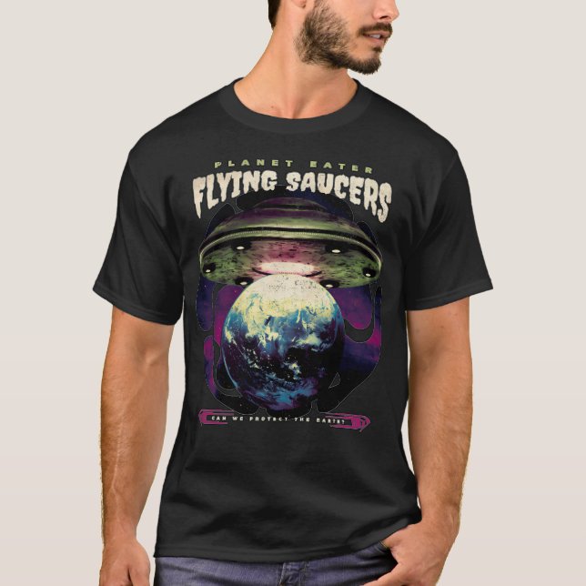 Planet Eater Flies Saucers Space Alien Sci Fi Ali T Shirt (Framsida)
