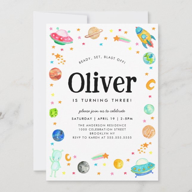 Planet Galaxy Spaceship Alien Rymden Birthday Inbjudningar (Framsida)