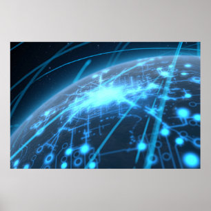 Planet med belysda nätverk och ljusspår poster