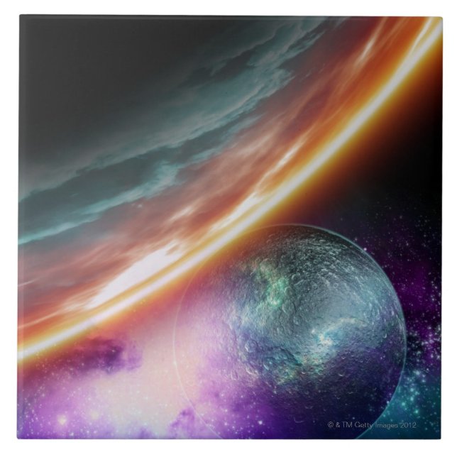 Planet och dess måne. Datorkonstverk av Kakelplatta (Framsidan)