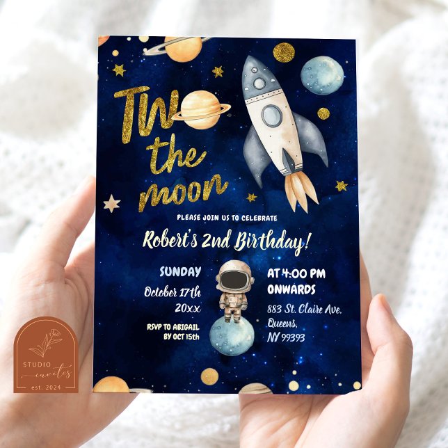 Planet Rymd Astronaut Två Till Månen 2-årsdag Inbjudningar (Skapare uppladdad)