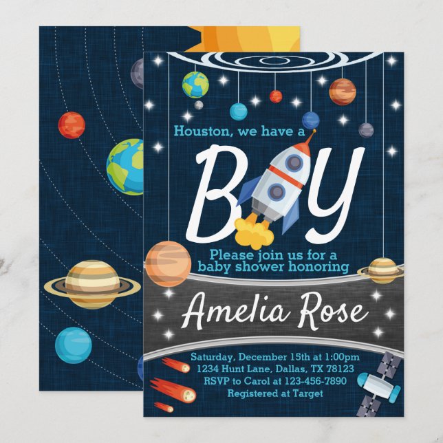 Planet Rymden Baby Shower-inbjudan Boy Inbjudningar (Fram/baksida)