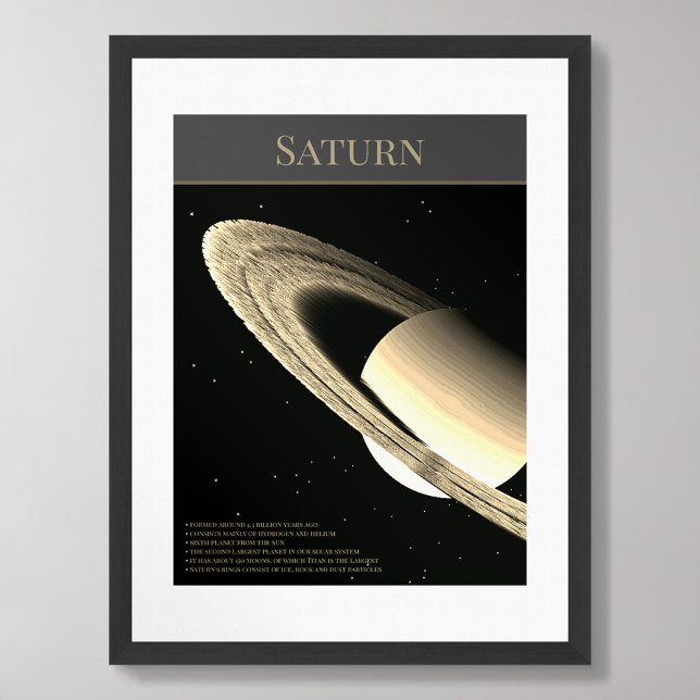 Planet Saturnus med ringar och faktasvart poster (Skapare uppladdad)