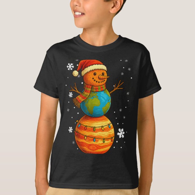 Planet Snömannen Jorden Saturnus Jul Semester Kons T Shirt (Framsida)