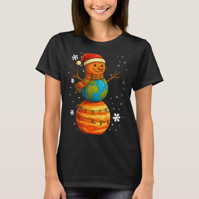 Planet Snowman Earth Saturn Christmas Holiday Art  T Shirt (Framsida)