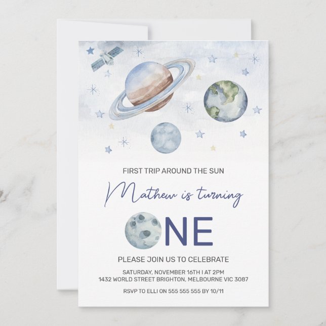 Planeter först Resa runt Sol 1:a födelsedag Inbjudningar (Framsida)