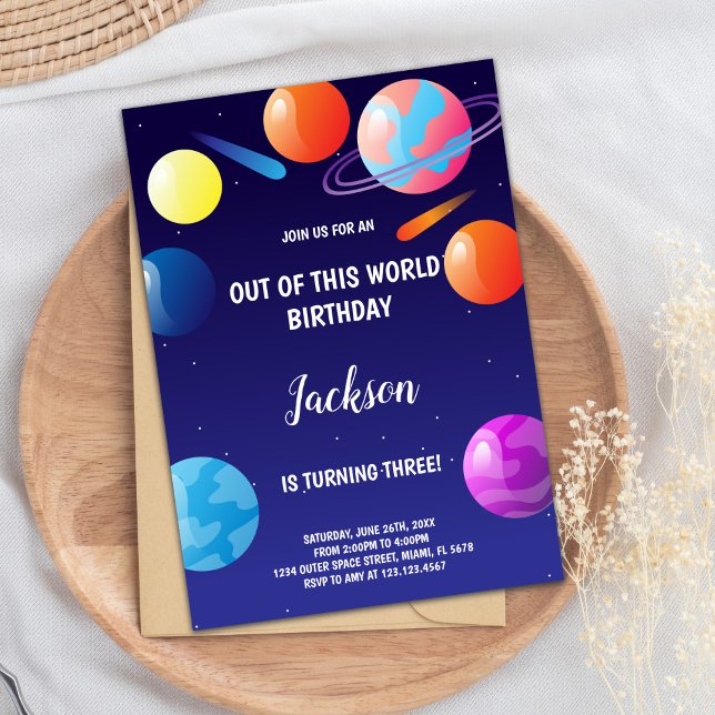 Planeter Rymden Kids Party Inbjudan (Planets Birthday Invitations Purple)