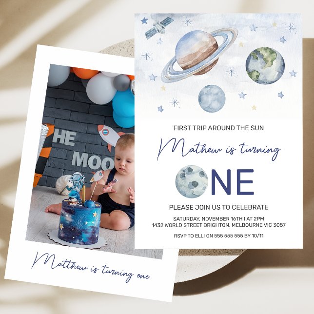 Planetfoto 1:a Resa runt Sol födelsedag Inbjudningar (Simple Planets Photo First Trip Around the Sun 1st Birthday Invitation, 1st trip Around the Sun )
