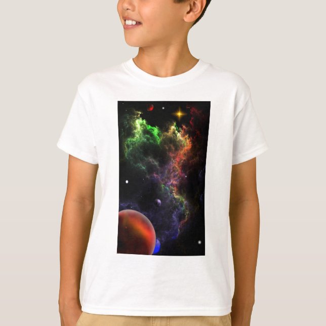 Planetoider i Nebula Cluster Space Art T Shirt (Framsida)