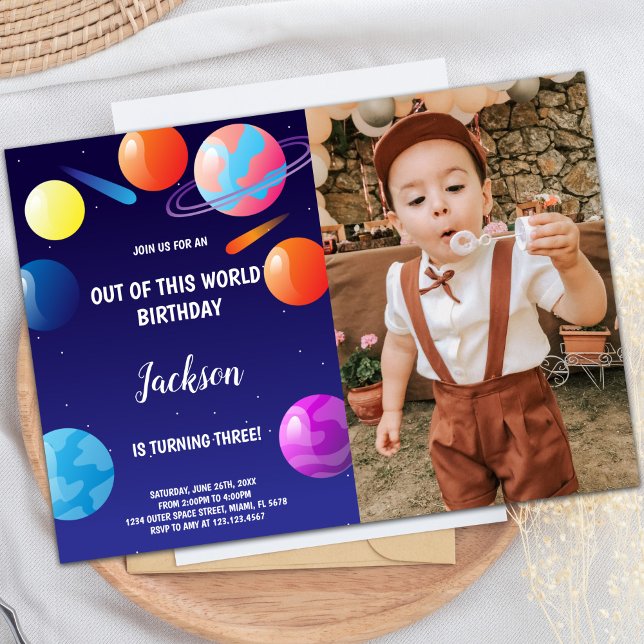 Planets födelsedag - bjud in Lila med foto Inbjudningar (Planets Birthday Invitations Purple with photo)