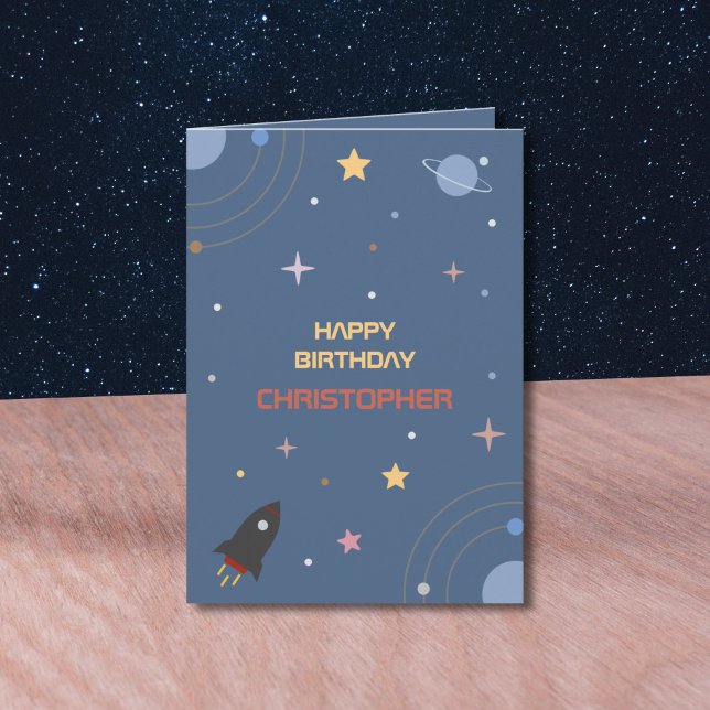 Planets & Rocket, födelsedagskort Rymden Kort (Planets & Rocket, Outer Space Birthday Card)