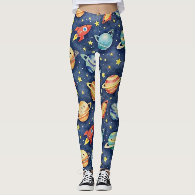 Planets Rocket Fraktass Stars Galaxy Leggings (Framsida)