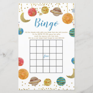 Planets Rymden Baby Shower Guld Glitter Bingo