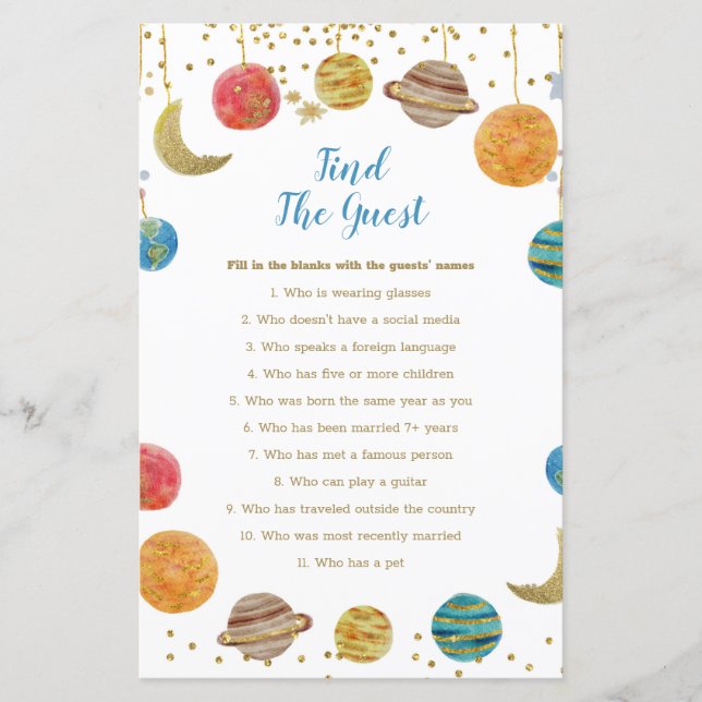 Planets Rymden Baby Shower Hitta gästen (Framsida)