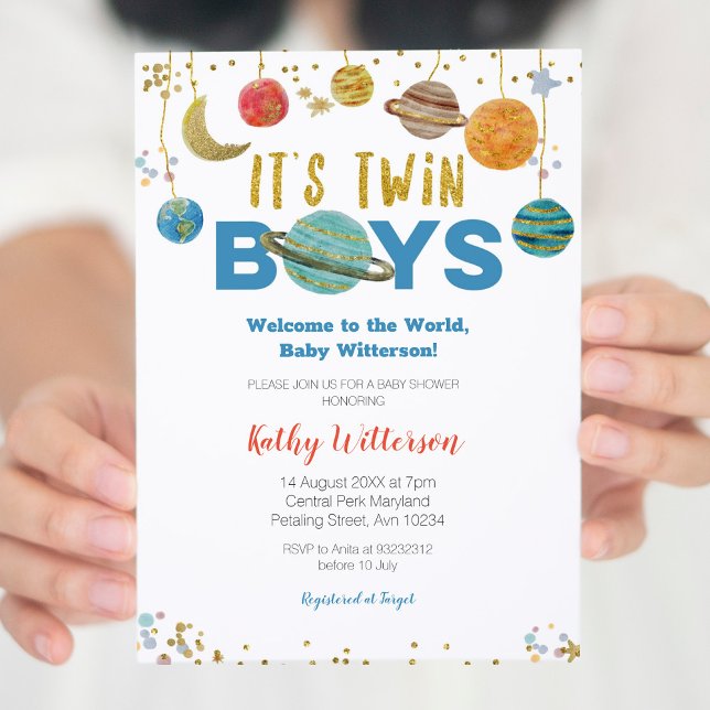 Planets Rymden twin Baby Shower-inbjudan Inbjudningar (Skapare uppladdad)