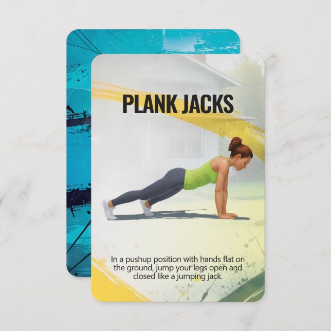 Plank Jack Fitness Card med blå backning Spara Datumet (Fram/baksida)