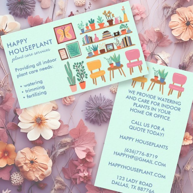 Plant Sitter Houseplant Plant Watering Housesttin Visitkort (Plant sitting housesitting houseplant care custom business card with cute illustration)