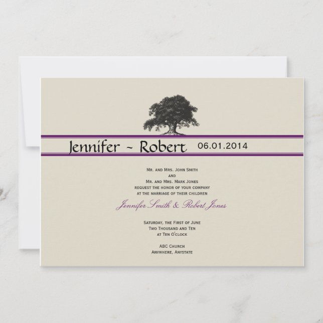 Plantation av ek Träd i Lila Bröllopsinbjudan Inbjudningar (Framsida)