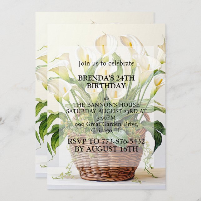 Planted Calla Lily Flowers Födelsedagsfest Inbjudningar (Fram/baksida)