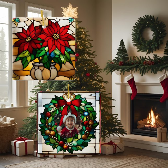 Planterade Poinsettiaor Fals Glasmosaik Julgransprydnad Keramik (Skapare uppladdad)