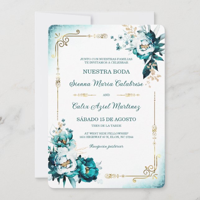 Plantilla de Boda Verde Azulado y Dorado Inbjudningar (Framsida)