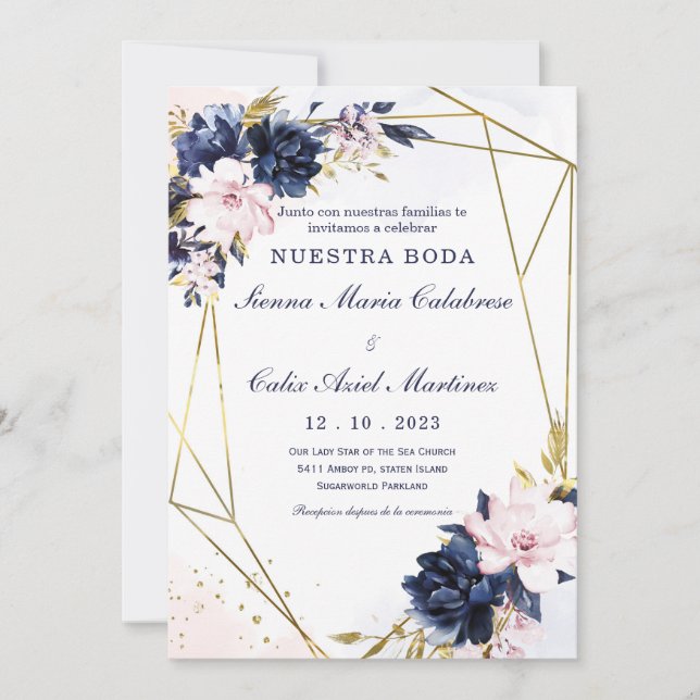 Plantilla de invitación de boda azul real y rubor inbjudningar (Framsida)