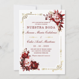 Plantilla Editable de Boda en Burdeos y Dorado Inbjudningar