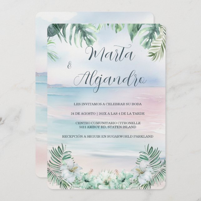 Plantillas de boda tropicales en acuarela inbjudningar (Fram/baksida)