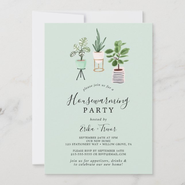 Plantor för krukhus | Mint Houseuppvärmning Party Inbjudningar (Framsida)