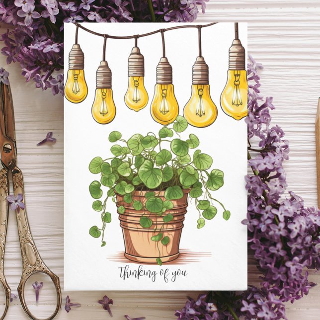 Plantor med betong och Garden String Ljus Tack Kort (Cue leafy plant with garden bulbs on a customizable greeting card.  Illustrations inside. )