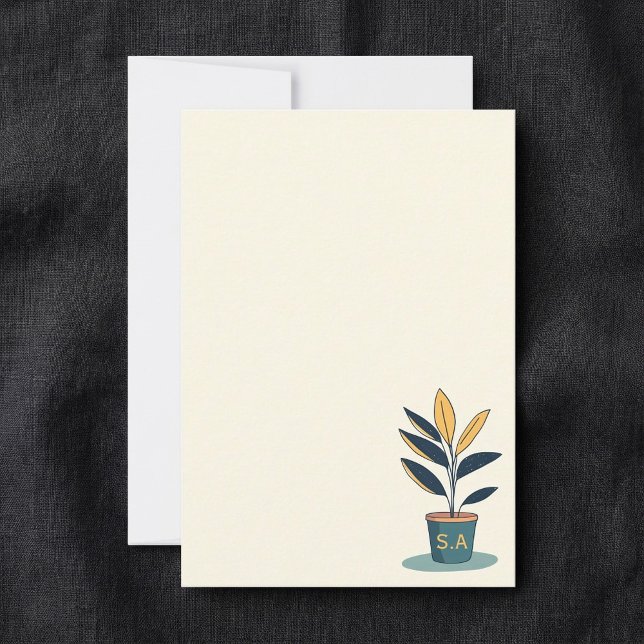 Plantor, monogram initialer tack kort (Potted house plant, monogram initials thank you card.)