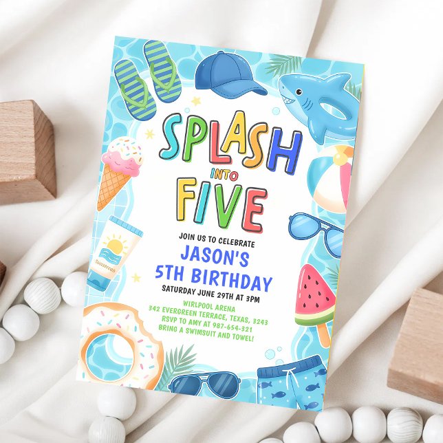 Plask i fem poolparty 5-årsfest inbjudningar (Skapare uppladdad)