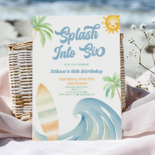Plask In I Sex Strand Surf Blå 6-års Födelsedagsfe Inbjudningar