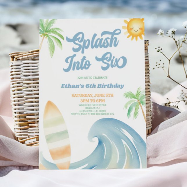 Plask In I Sex Strand Surf Blå 6-års Födelsedagsfe Inbjudningar (Skapare uppladdad)