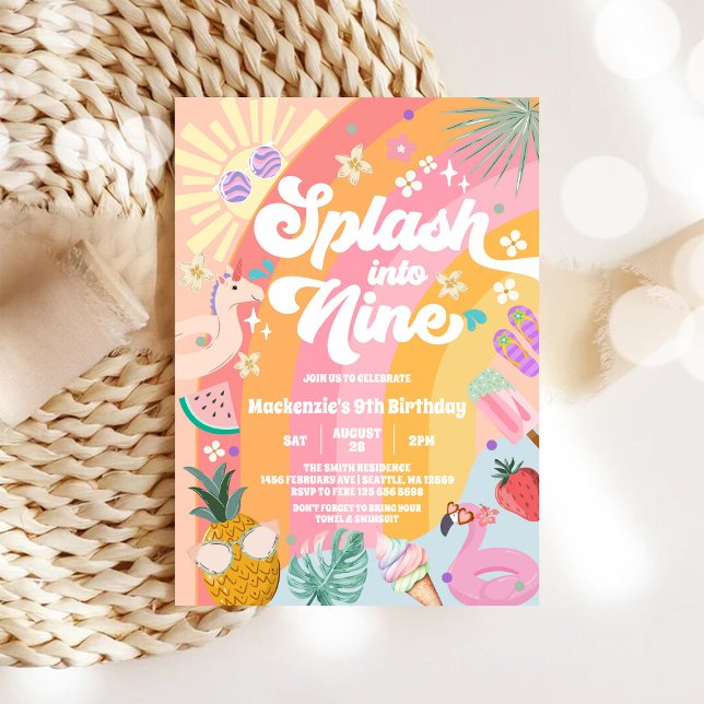 Plaska in i nio sommar regnbåge sol 9-års födelsed inbjudningar (Skapare uppladdad)