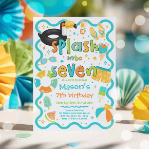 Plaska In I Sju Sommar Poolparty 7-års Födelsedag Inbjudningar