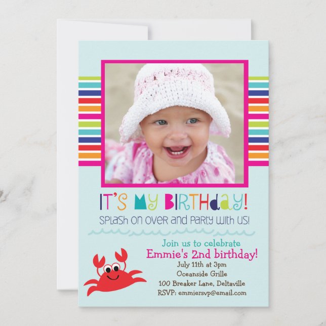 Plaska krabbasommarfödelsedagsfest (flickor) inbjudningar (Framsida)