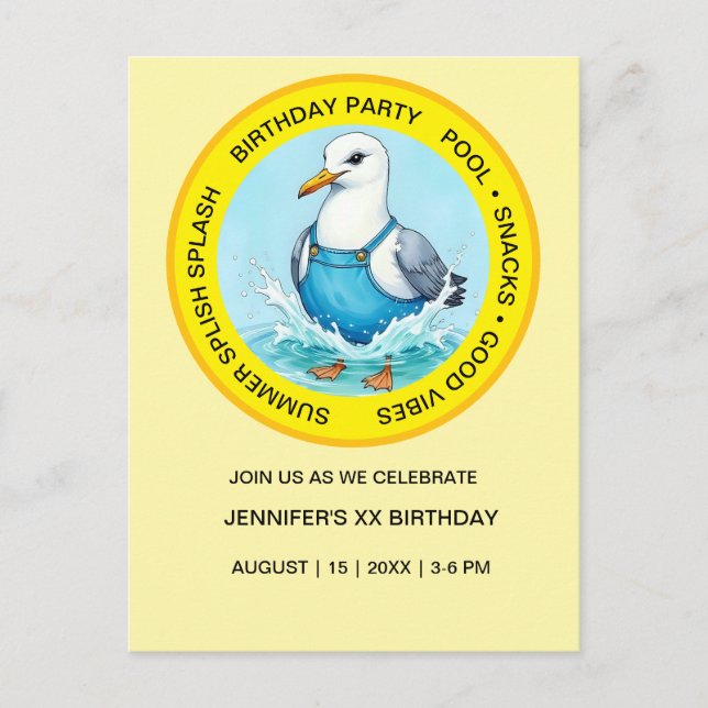 Plaskig Pyssel glädje Måsfågel sommar Poolkalas Vykort (Framsida)