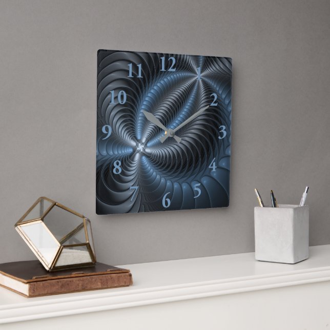 Plastblått Grått 3D Fractal Art Modern Abstrakt Fyrkantig Klocka (Kontor)