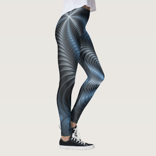 Plastblått Grått 3D Fractal Art Modern Abstrakt Leggings (Höger)