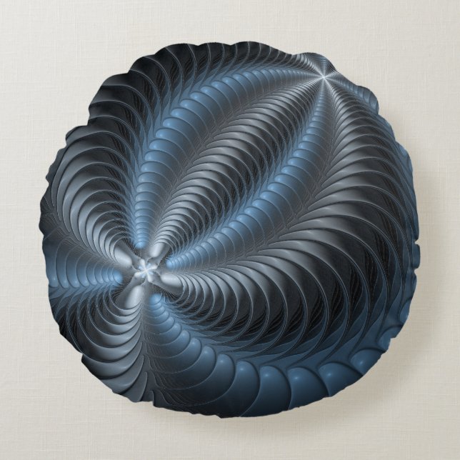 Plastblått Grått 3D Fractal Art Modern Abstrakt Rund Kudde (Framsidan)