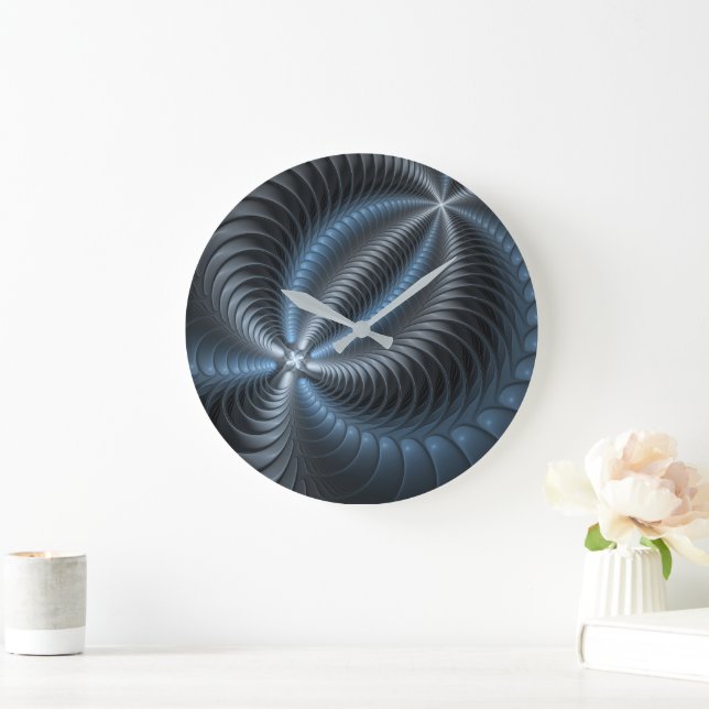 Plastblått Grått 3D Fractal Art Modern Abstrakt Stor Klocka (Hem)