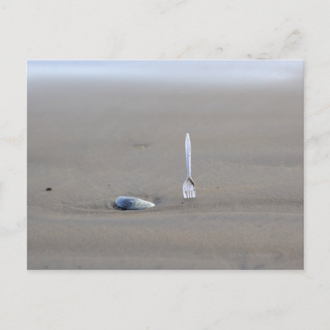 plastgaffel som fastnar i sandig strand bredvid vykort (Framsida)