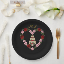 Plate black cake topper with red rose heart