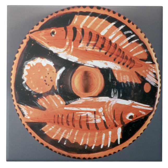 Plate som BC visar två fisk, 350 (keramiskt) Kakelplatta (Framsidan)