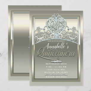 Platina Elfenbens Princess Hjärt Tiara Quinceañera Inbjudningar