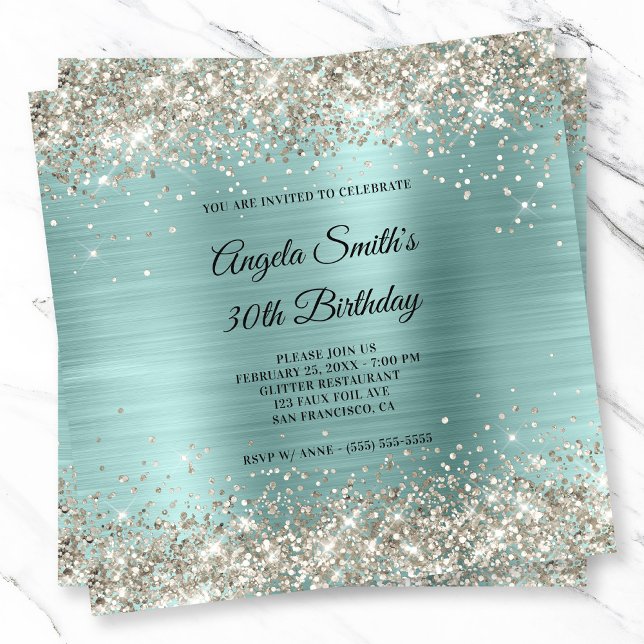 Platina Glitter Ljus Turkos Folie Monogram Inbjudningar (Platinum Glitter Pale Turquoise Foil Monogram Invitation)