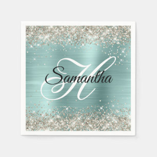 Platina Glitter Ljus Turkos Folie Monogram Pappersservett